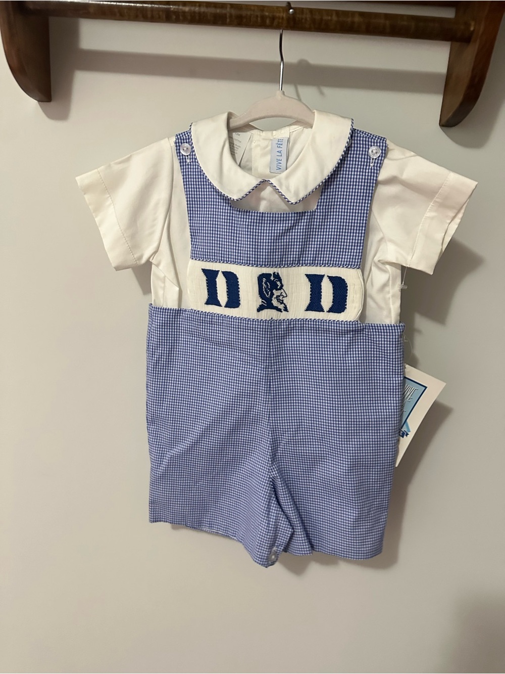 NWT Vive La Fete Duke Blue Gingham Smocked Boys' Jon Jons with White Shirt